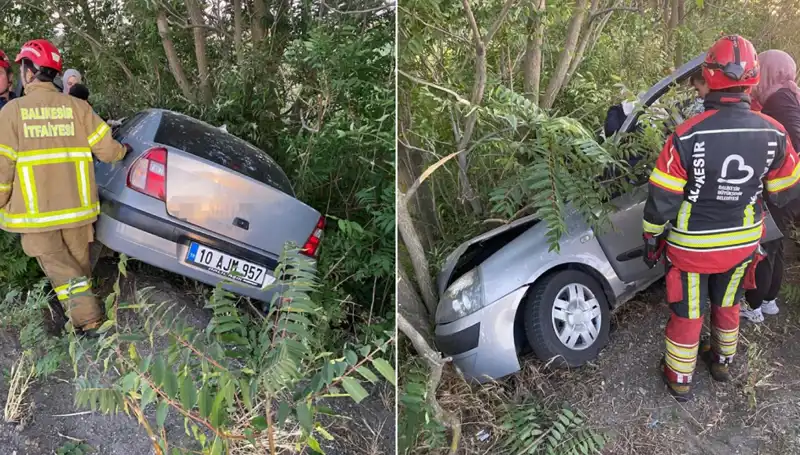 Balıkesir'de Şarampole Yuvarlanan Araçta İki Kişi Yaralandı